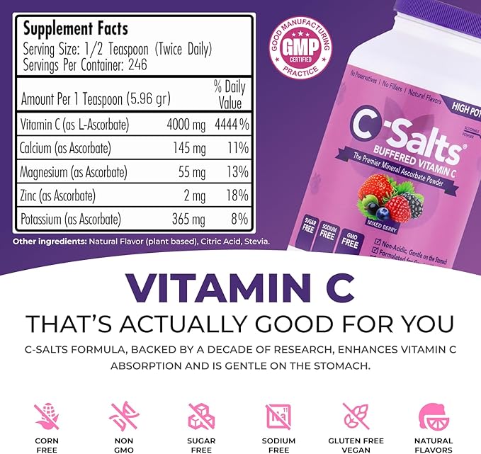 4000mg Vitamin C Powder Supplement - 100% Pure Buffered Powdered Drink with Ascorbate C - Potent Immune Support, Stomach-Friendly Absorption, Organic, Vegan, Sodium & Sugar-Free, Original 26oz