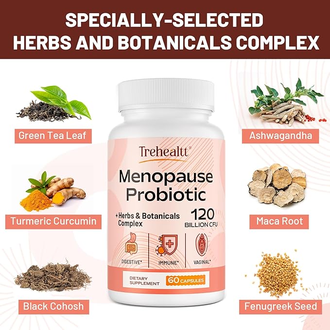 Menopause supplements for women, 120 Billion CFU Probiotic, 13-in-1 Herbs & Botanicals Complex, for Hormone Menopause, Hot Flashes, Night Sweats, Mood Swings, Sleep Disturbances, Vegan, 240 Capsules