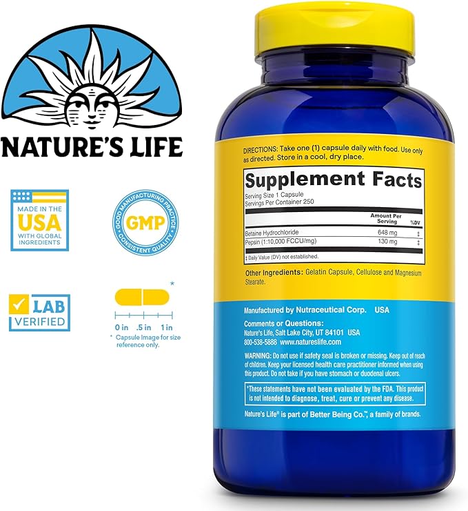 NATURE'S LIFE Betaine HCL with Pepsin - Digestive Health Formula with Digestive Enzymes for Gut Health Support - High Potency Hydrochloric Acid Supplement, 60-Day Guarantee, 250 Servings, 250 Capsules