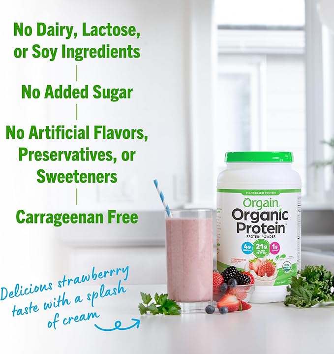 Orgain Organic Vegan Protein Powder, Strawberries & Cream - 21g Plant Based Protein, 4g Prebiotic Fiber, Low Net Carb, No Lactose Ingredients, No Added Sugar, Non-GMO, For Shakes & Smoothies, 2.03 lb