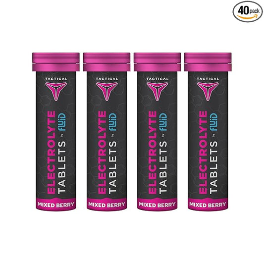 Fluid Tactical- Effervescent Hydration Tablets, Electrolyte Replacement & Dehydration Prevention, 4 Pack, 40 Servings (Mixed Berry)