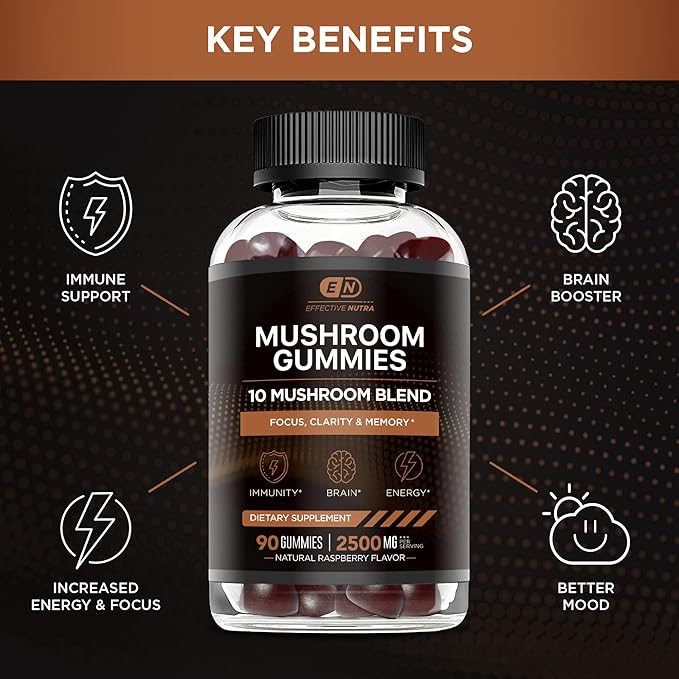 Mushroom Gummies 10 Blend - Mushroom Complex 2500mg - Brain Booster, Immune Support, Energy - Mushroom Supplement for Men & Women (90ct)