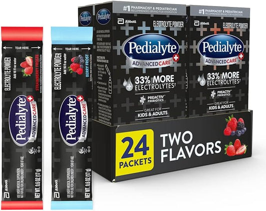 Pedialyte AdvancedCare Plus Electrolyte Powder Packs with 33% more electrolytes and PreActiv Prebiotics, Strawberry Freeze & Berry Frost, 24 Count