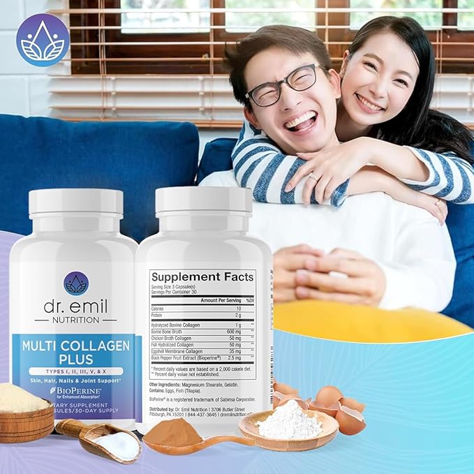 DR. EMIL NUTRITION Multi Collagen Pills - Collagen Supplements to Support Hair, Skin, Nails, & Joints - Hydrolyzed Collagen Supplements for Women with Types I, II, III, V & X - 90 Capsules