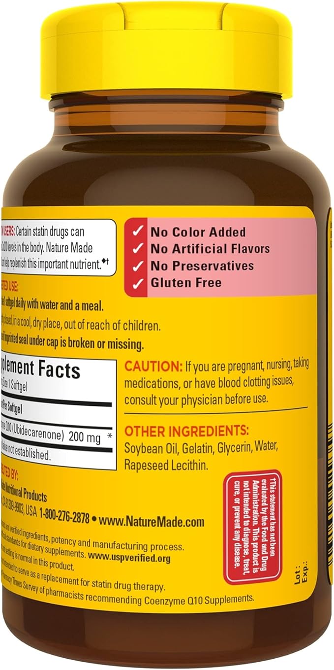 Nature Made CoQ10 200 mg, Dietary Supplement for Heart Health and Cellular Energy Production, 100 Softgels, 100 Day Supply