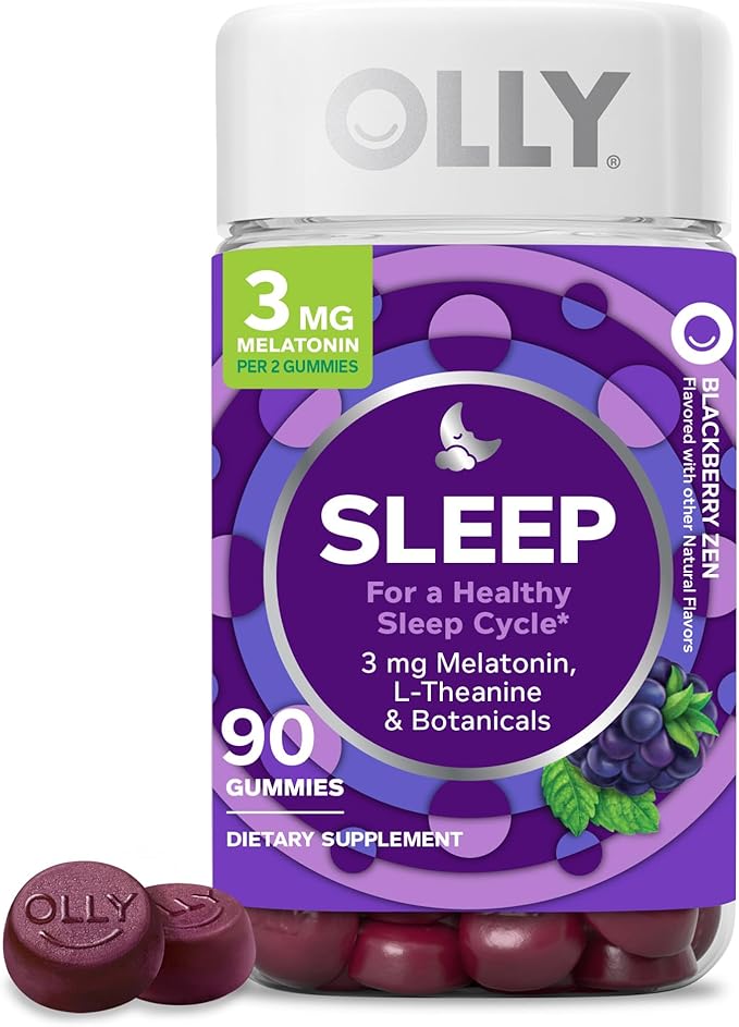 OLLY Sleep Gummy, 3mg Melatonin, L-Theanine, Chamomile, Lemon Balm, Sleep Aid, Occasional Sleep Support, BlackBerry, 90 Count