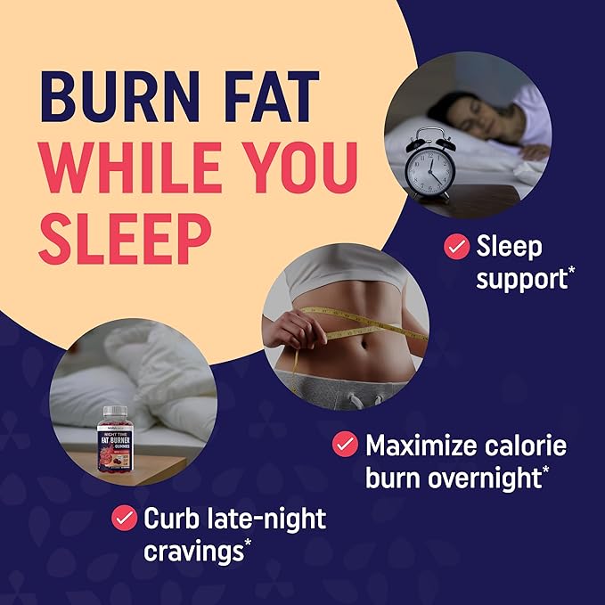 Night Time Fat Burner Gummies with Zero Sugar for Sleep & Weight Loss Support | Hunger Suppressant & Metabolism Booster, Shred Belly Fat While You Sleep | Diet Supplement for Women & Men | 60 Ct.