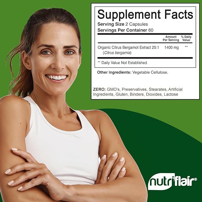 NutriFlair Organic Citrus Bergamot 1400mg, 120 Capsules - 25:1 Citrus Bergamia - Essential Oil and Citrus Bioflavonoids - Natural Heart Health Supplements for Women and Men - Non-GMO Pills