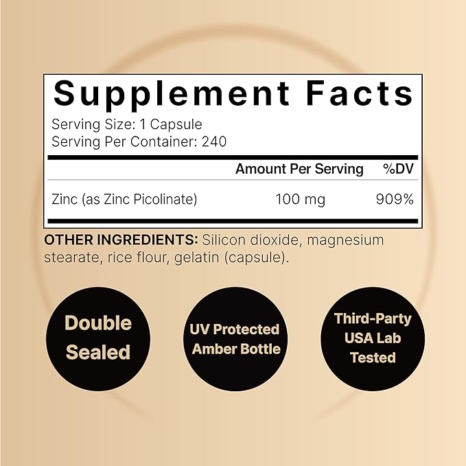 NatureBell High Potency Zinc Picolinate 100mg - 240 Capsules, Bioavailable Form of Zinc for Immune Support and Skin Health - Non-GMO and Gluten- Zinc Supplements