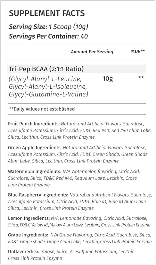 Metabolic Nutrition - TRIPEP - Tri-Peptide Branch Chain Amino Acid, BCAA Powder, Pre Intra Post Workout Supplement, Blue Raspberry, 400 Grams (40 Servings)