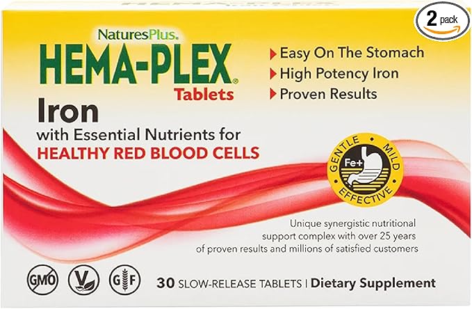 NaturesPlus Hema-Plex Iron - 30 Slow-Release Tablets, Pack of 2 - Total Blood Health - 85 mg Chelated Iron - with Vitamin C & Bioflavonoids - Non GMO, Vegetarian & Gluten Free - 60 Total Servings