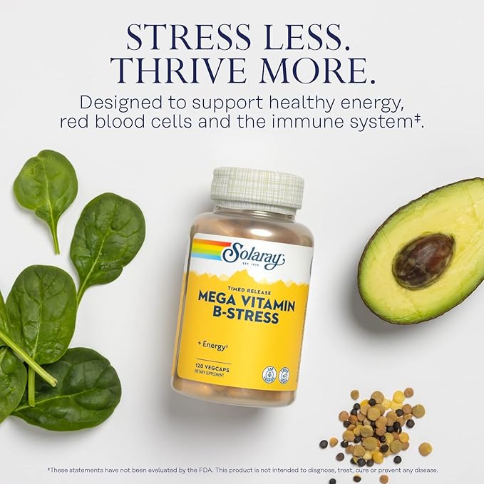 Solaray Mega Vitamin B-Stress, Timed-Release Vitamin B Complex with 1000 mg of Vitamin C for Stress, Energy, Red Blood Cell & Immune Support, 60 Day Guarantee, Vegan, 40 Servings, 120 VegCaps