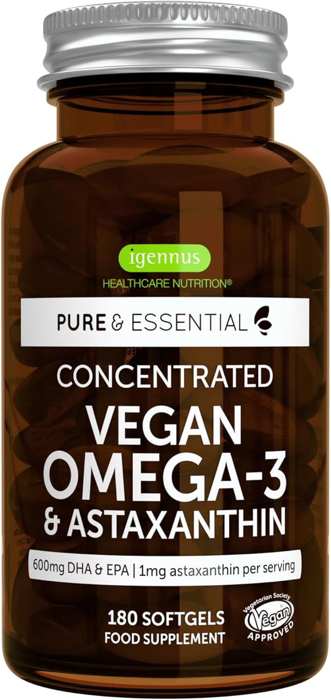 Vegan Omega-3 Natural Triglyceride Algae Oil, DHA & EPA Fatty Acid Supplement, 180 Small Softgels with Astaxanthin, Easy-to-Swallow, Pure & Sustainable, 90 Servings, by Igennus