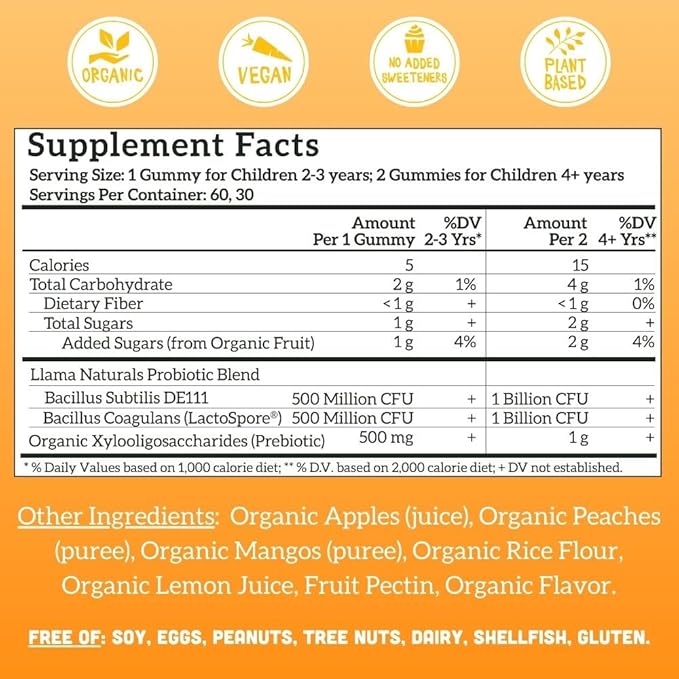 Llama Naturals Real Fruit Prebiotic & Probiotic Kids Gummies | No Added Sugar Cane | Vegan Organic Synbiotics | Children Digestion, Toddler Probiotic 2B CFU | 60 ct, 30-60 Days | Peach Mango
