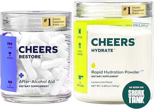 Cheers Classic Combo | Restore + Hydrate | Rehydrate & Feel Better After Drinking | DHM, L-Cysteine, B-Vitamins, Electrolytes | 12 Doses Each | Liver Support | Electrolyte Supplements