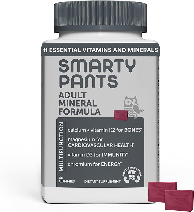 SmartyPants Mineral Chews: Magnesium Citrate & Calcium Supplement with Vitamin D3, Vitamin C, Vitamin K2, Zinc & Selenium for Immune Support, 60 Count (30 Day Supply)