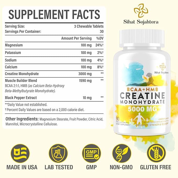 8-in-1 Creatine Monohydrate with BCAA & HMB, 5000 mg for Men & Women, Creatine Chews for Muscle, Recovery, Endurance & Strength, High Absorption, Lemon Flavor, Sugar-Free, 90 Tablets
