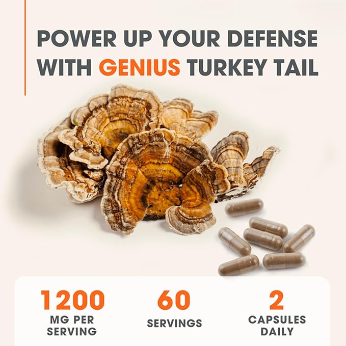 Genius Turkey Tail Supplement Capsules – Organic, Comprehensive Digestive and Gut Health Support – 120 Capsules