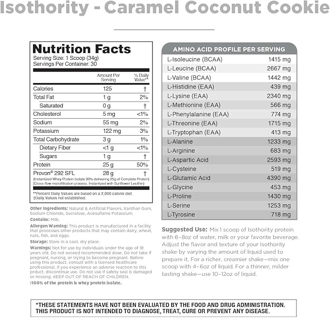 Isothority Whey Protein Isolate, Caramel Coconut Cookie, 2 lb - Ultra Absorbable Branched Chain Amino Acids (BCAA) Powder with 25g Per Serving, Low Carb - Build Muscle & Accelerate Recovery