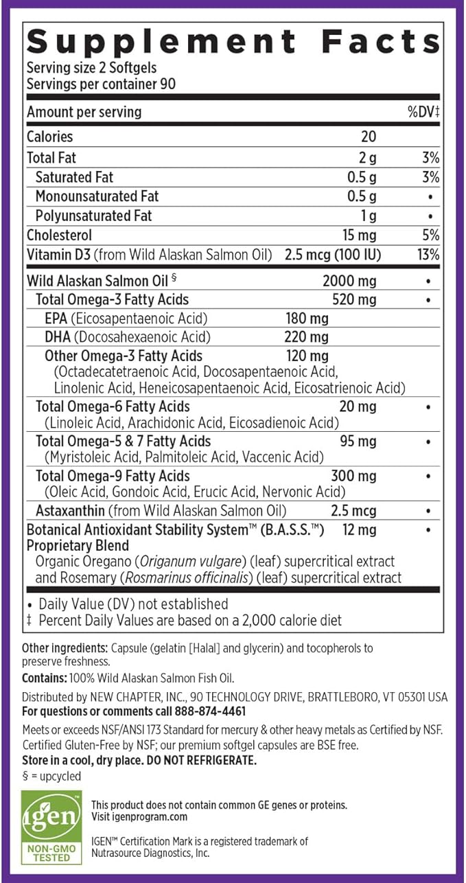 New Chapter Wholemega Fish Oil Supplement - Wild Alaskan Salmon Oil with Omega-3 + Vitamin D3 + Astaxanthin + Sustainably Caught - 180 ct, 1000mg Softgels
