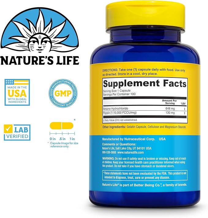 NATURE'S LIFE Betaine HCL with Pepsin - Digestive Health Formula with Digestive Enzymes for Gut Health Support - High Potency Hydrochloric Acid Supplement, 60-Day Guarantee, 100 Servings, 100 Capsules