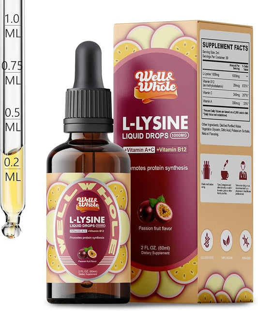 L-Lysine Supplement Liquid Drops | L-Lysine Vitamins 1000mg Tincture with Vitamin A, C, and B12 | Immune Support, Skin & Lips Health, Collagen Synthesis & Muscle Recovery | Non-GMO, Vegan，2 Fl Oz