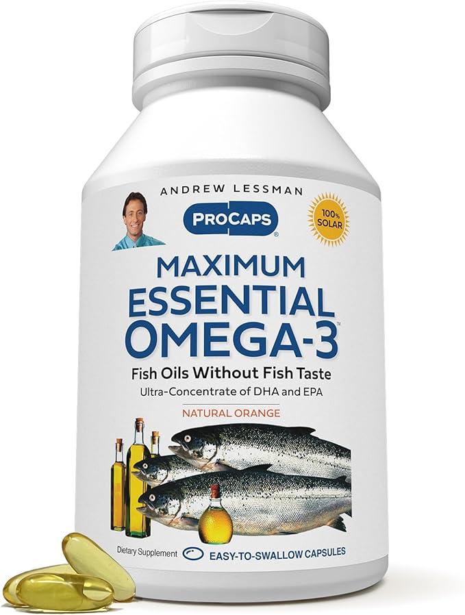 ANDREW LESSMAN Maximum Essential Omega-3 Orange - 360 Softgels - Ultra-Pure, High Potency Omega-3 Oils. High DHA, No Stomach Upset, No Contaminants, No Mercury. Small Easy to Swallow Softgels