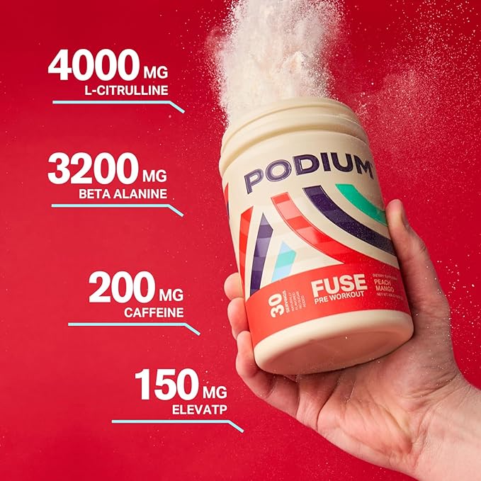 Podium Nutrition, Fuse Pre Workout Powder, Peach Mango, 30 Servings, Beta Alanine and Caffeine for Energy, Gluten Free, Soy Free, Dairy Free
