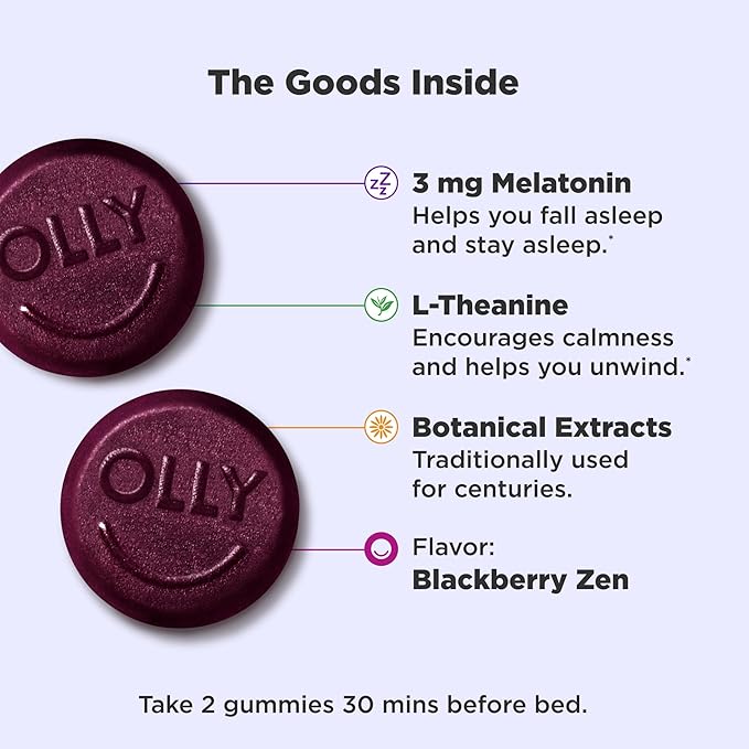 OLLY Sleep Gummy, 3 mg Melatonin, L-Theanine, Chamomile, and Lemon Balm Extracts, Blackberry Flavor, 30 Day Supply - 60 Count (Packaging May Vary)