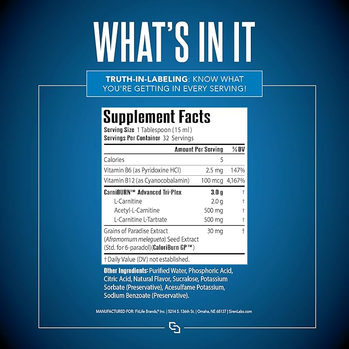 Siren Labs L-Carnitine Elite Burn Liquid Keto Fat Burner and Metabolism Activator - Fat Loss Support Keto Friendly Weight Loss Increase Energy-Stimulant Free - Malibu Beach Blast 3000mg (32 Servings)