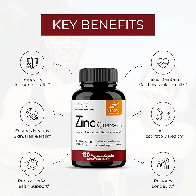 Sandhu’s Zinc Quercetin 120 Vegetarian Capsules – Zinc Supplements for Antioxidant Immune Support Zinc for Men and Women – Gluten, Soy, Dairy Free