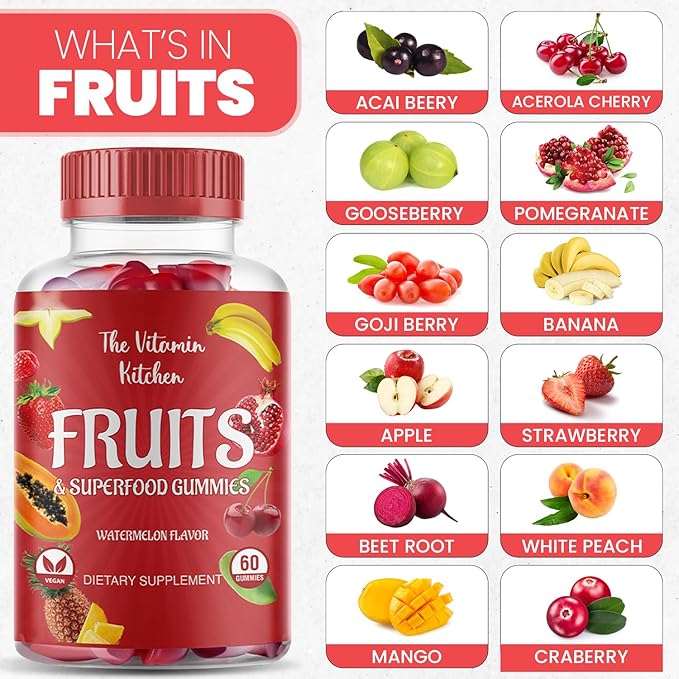 Fruits and Vegetables Supplements for Adults: Tasty and Nutritious Fruit and Veggies Gummies Supplement for Adults, Made in USA, Non-GMO, Gluten-Free (60 Super Green Veggies, 60 Super Fruits) 2-pack