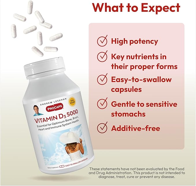 ANDREW LESSMAN Vitamin D3 5000 IU 180 Capsules – High Potency, Essential for Calcium Absorption, Supports Bone Health, Healthy Muscle Function, Immune System and More. Small Easy to Swallow Capsules