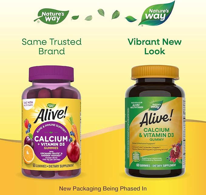 Nature's Way Alive! Daily Calcium & Vitamin D3 Gummies, Bone Support*, Immune Support*, Strawberry and Raspberry- Lemonade Flavored, 60 Gummies (Packaging May Vary)