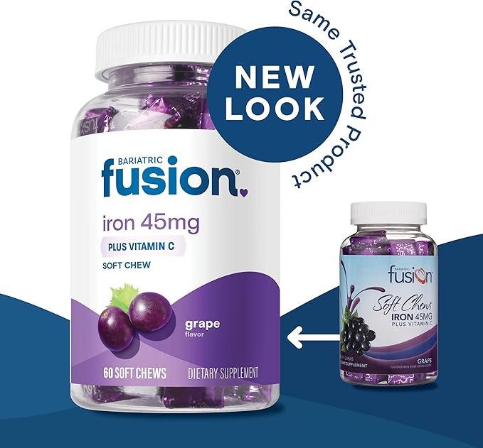 Bariatric Fusion Iron Soft Chew with Vitamin C | Grape Flavored | Chewy Vitamin for Bariatric Patients | Gluten Free | Iron Supplement for Women and Men | 60 Count | 2 Month Supply
