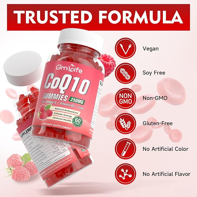 Sugar Free CoQ10 Gummies, CoQ10 250mg, Plus Omega-3, Vitamin B3 & Zinc, High Absorption Coenzyme Q10 Supplements for Cellular Energy, Antioxidant, Raspberry Flavor, 60 Count