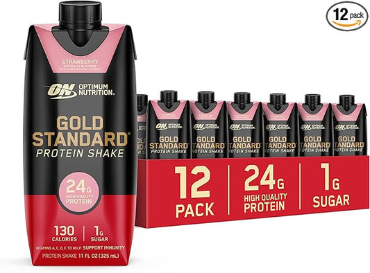 Optimum Nutrition Gold Standard Protein Shake, 24g Protein, Ready to Drink Protein Shake, Gluten Free, Vitamin C for Immune Support, Strawberry, 11 Fl Oz, 12 Count (Pack of 1) (Packaging May Vary)