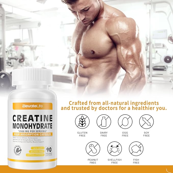 Creatine Monohydrate 2500mg, 90 Capsules - Gluten Free, Non-GMO