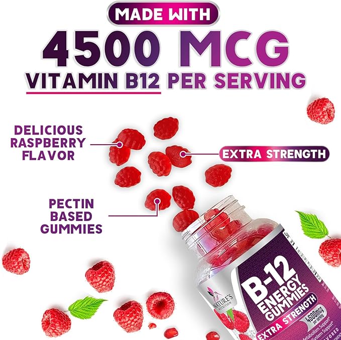 Vitamin B12 Energy Gummies - Extra Strength 4500mcg Chewable for Energy & Nervous System Health Support, B-12 Complex Gummy Vitamin for Women, Men, Kids - Non-GMO, Vegan, Berry Flavor - 60 Gummies
