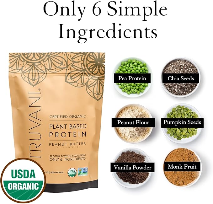 Truvani Vegan Pea Protein Powder | Peanut Butter | 20g Organic Plant Based Protein | 20 Servings | Keto | Gluten & Dairy Free | Low Carb | No Added Sugar