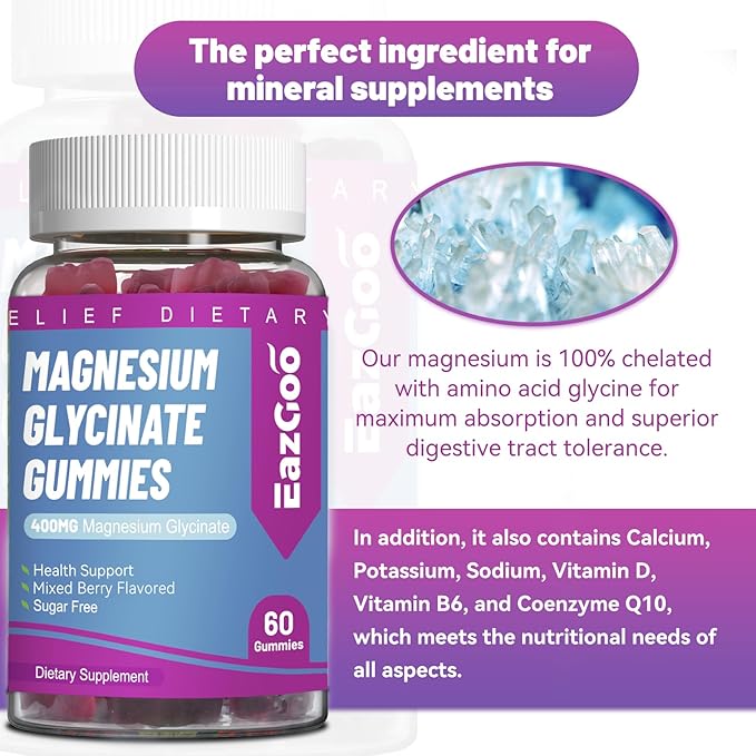 Magnesium Glycinate Gummies 400mg with L-Threonate 200mg - Sugar-Free Magnesium Potassium Supplement with Vitamin D, B6, CoQ10 for Muscle - 60 Mixed Berry Flavored Gummies