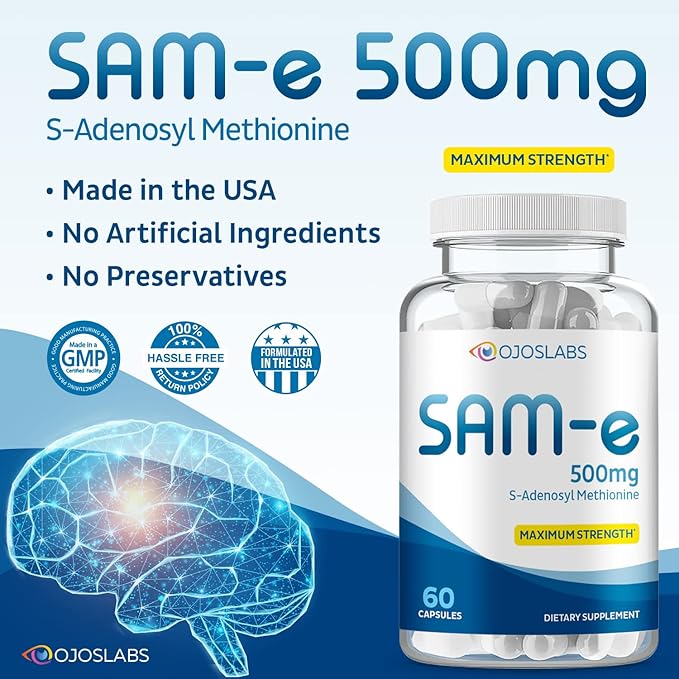 Sam e 500mg Methionine Supplement for Liver, Joint, Brain and Mood Support, High Absorption SAM-e (S Adenosyl Methionine), Vegan, Gluten Free,Non-GMO-USA Made, 60 Sam e Capsule (2 Pack)