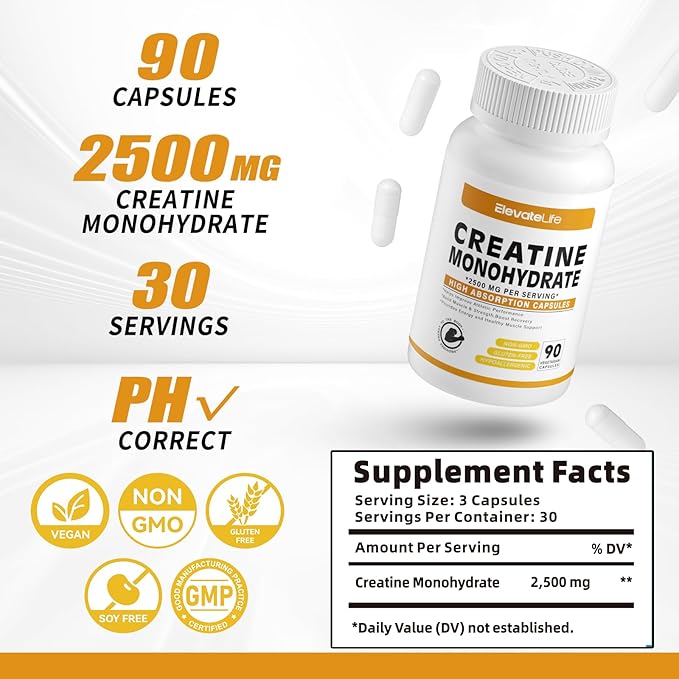 Creatine Monohydrate 2500mg, 90 Capsules - Gluten Free, Non-GMO