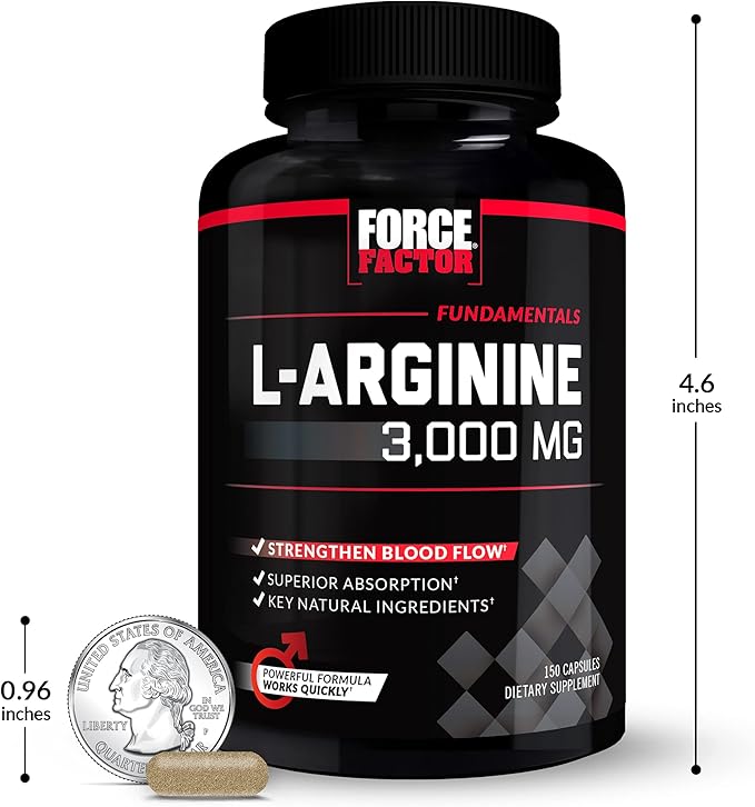 Force Factor L-Arginine, Nitric Oxide Supplement with BioPerine to Help Build Muscle & Support Stronger Blood Flow, Circulation, Nutrient Delivery, & Pumps, L-Arginine 3000mg, 150 Count (Pack of 2)