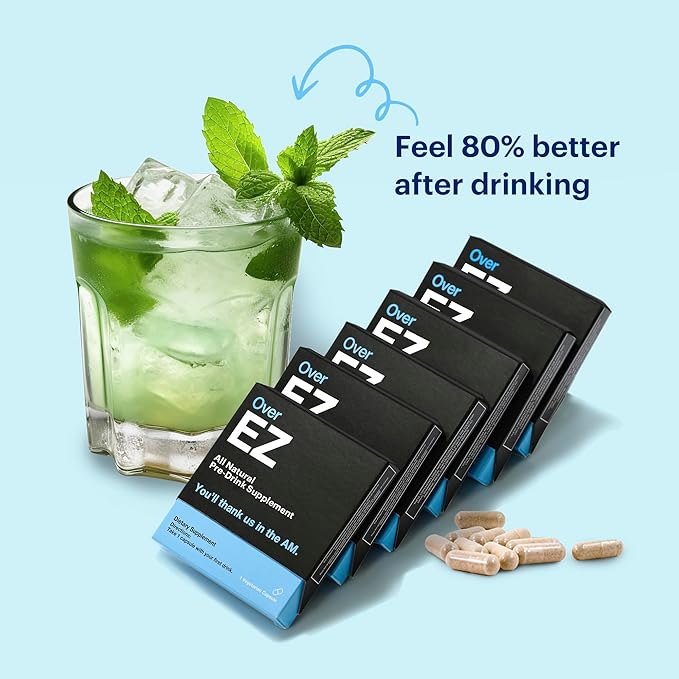 OVER EZ Pre-Drink Supplement - [$1.30 x Serving] Party Recovery & Prevention Pills for a Night Out & Better Mornings, Milk Thistle, Amino Acids, Vitamin Bs (30 Servings)
