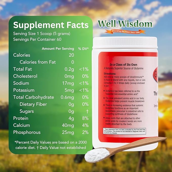 Glut Immune The Finest Glutamine Powder Dairy-Free 300g Well Wisdom - Naturally Superior Covalent Bonded Glutamine Supplement for Gut Health, Immune Focus & Recovery with 60 Servings