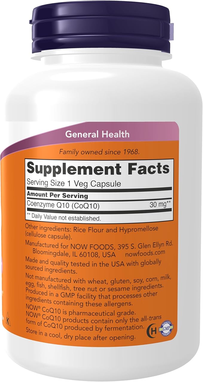 NOW Supplements, CoQ10 30 mg, Pharmaceutical Grade, All-Trans Form produced by Fermentation, 240 Veg Capsules