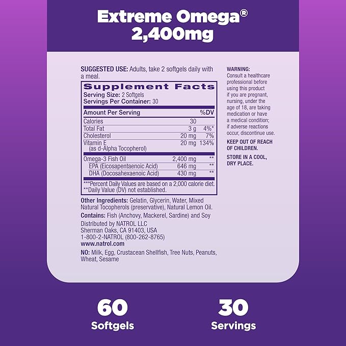 Natrol, Omega-3 Extreme Softgels, Heart Health Dietary Supplement, 60 Count