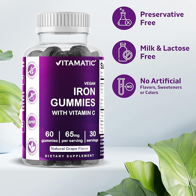 Vitamatic Iron 65 mg Gummies Supplement for Women & Men - 60 Vegan Gummies - Great Tasting Iron Gummy Vitamins with Vitamin C (1)