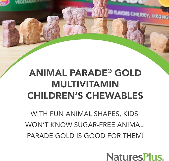 Natures Plus Animal Parade Gold Children's Chewable Multivitamin - Natural Cherry Flavor - 60 Animal Shaped-Tablets - with Vitamin D3, K2 & Probiotics - Vegetarian & Gluten Free - 120 Servings